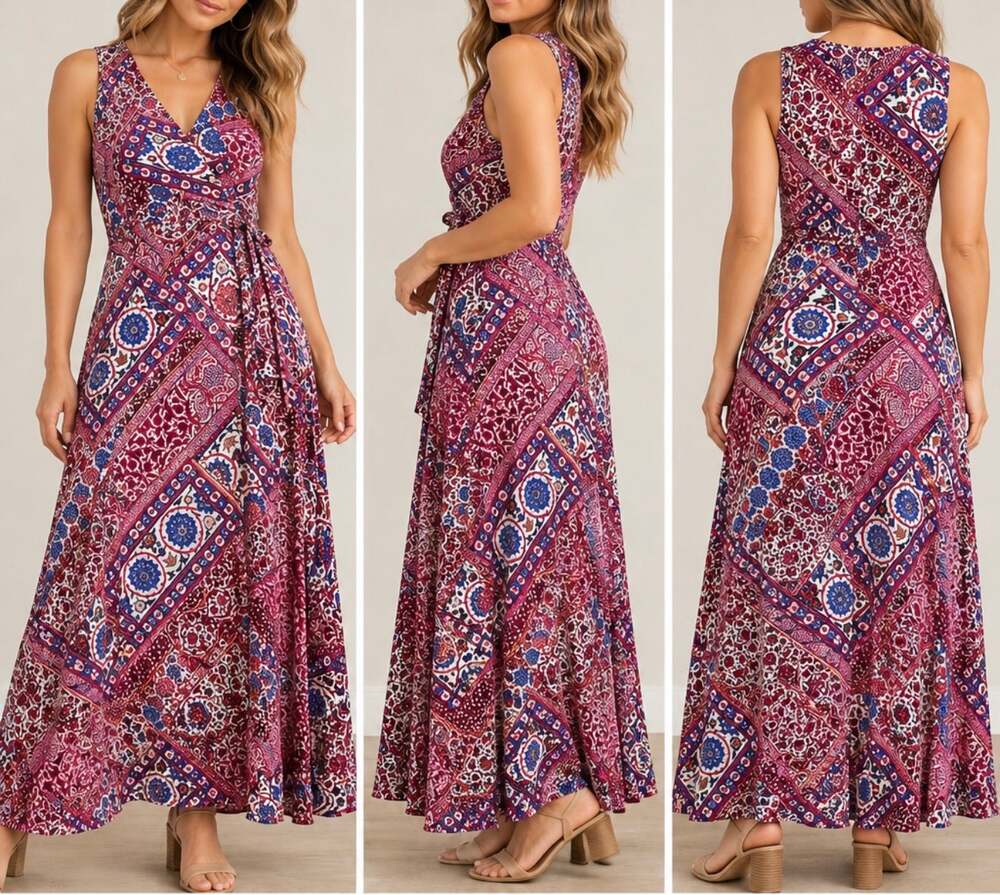 Calvin Klein Sleeveless Paisley Print V-Neck Maxi Dress pink blue